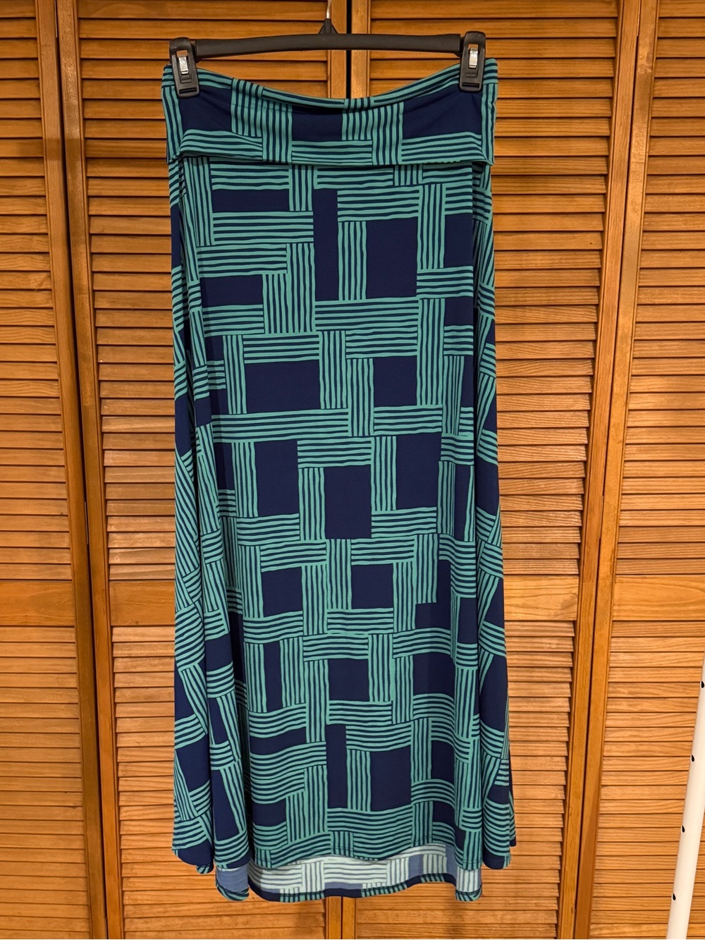 LuLaRoe Geometric Maxi Skirt Teal Green Blue Linear Grid Block Yoga Waist M